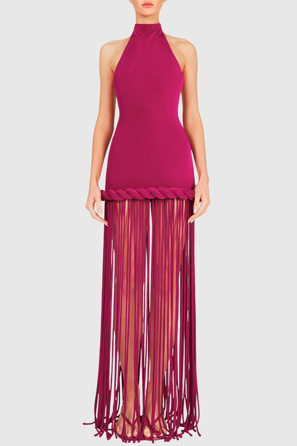 Datara Halter Velvet Rope Fringe Maxi Dress - Fuchsia