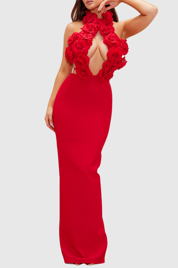 Datherine Floral Appliqué Halter Maxi Bandage Dress - Red