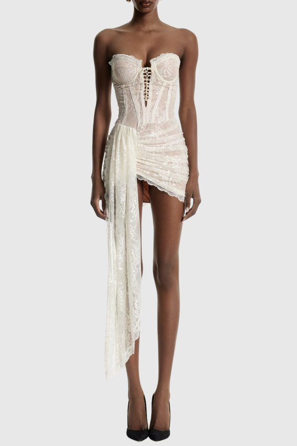 Delgado Lace Corset Strapless Mini Dress - Beige