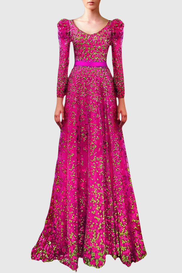 Desmo Floral Sequin Puff Sleeve Maxi Dress
