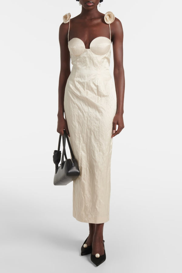 Durana Floral Appliqué Bustier Midi Dress - Beige