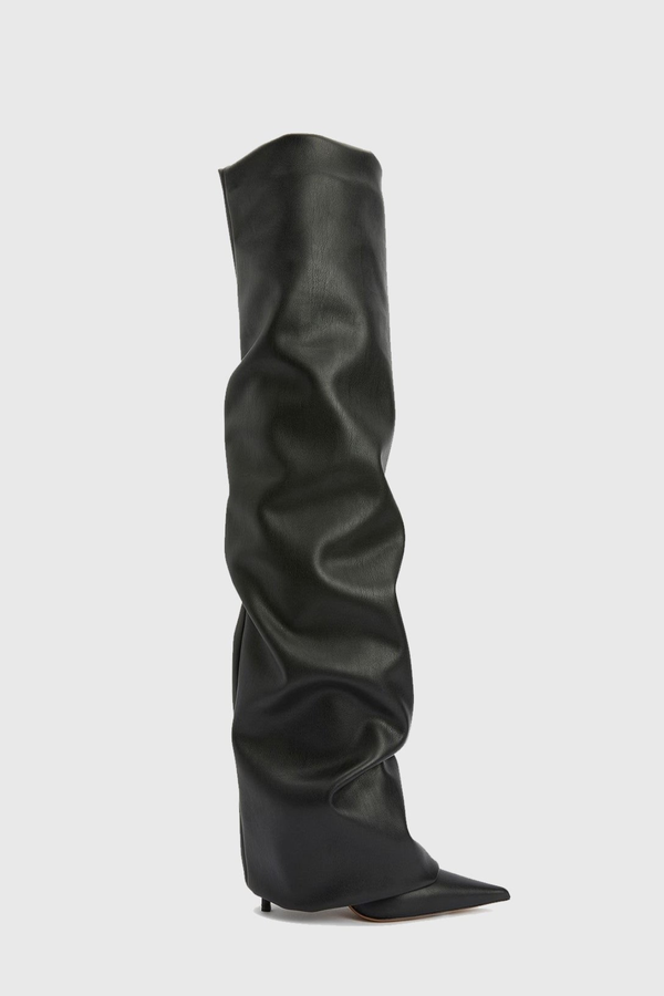 Dusya Ruched Leather Over The Knee Boots - Black