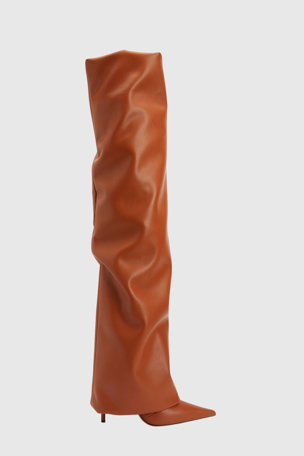 Dusya Ruched Leather Over The Knee Boots - Brown