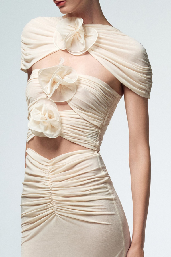 Earls Floral Cutout Ruched Mini Dress - Beige