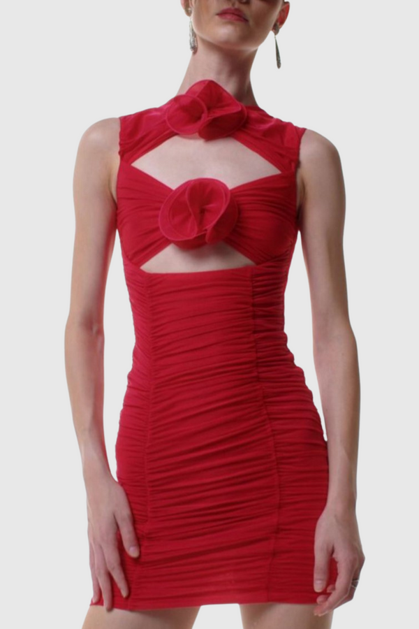 Earls Floral Sleeveless Ruched Mesh Mini Dress