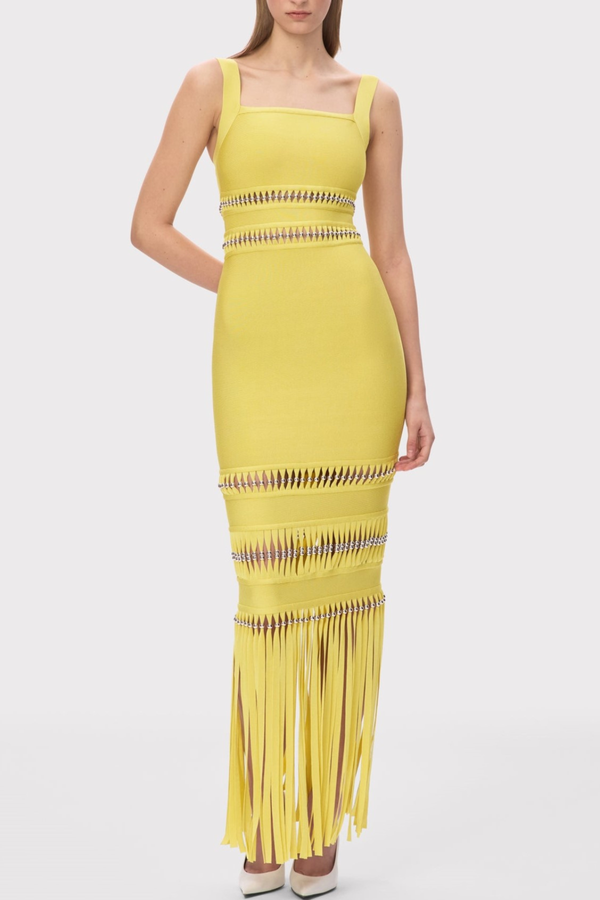 Efron Cutout Fringe Maxi Bandage Dress - Yellow