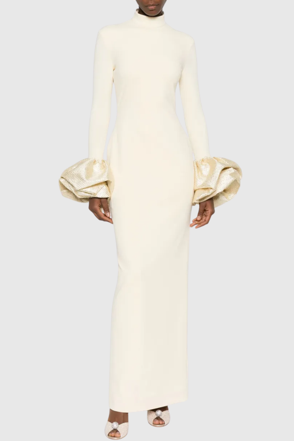 Ekatera Crystal Puff Sleeves Maxi Dress - Beige