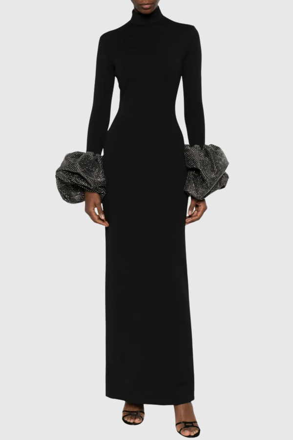 Ekatera Crystal Puff Sleeves Maxi Dress - Black