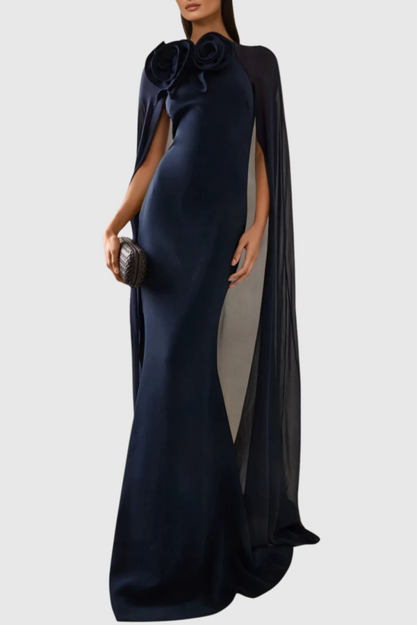 Ekateria Floral Appliqué Cape Sleeve Maxi Dress