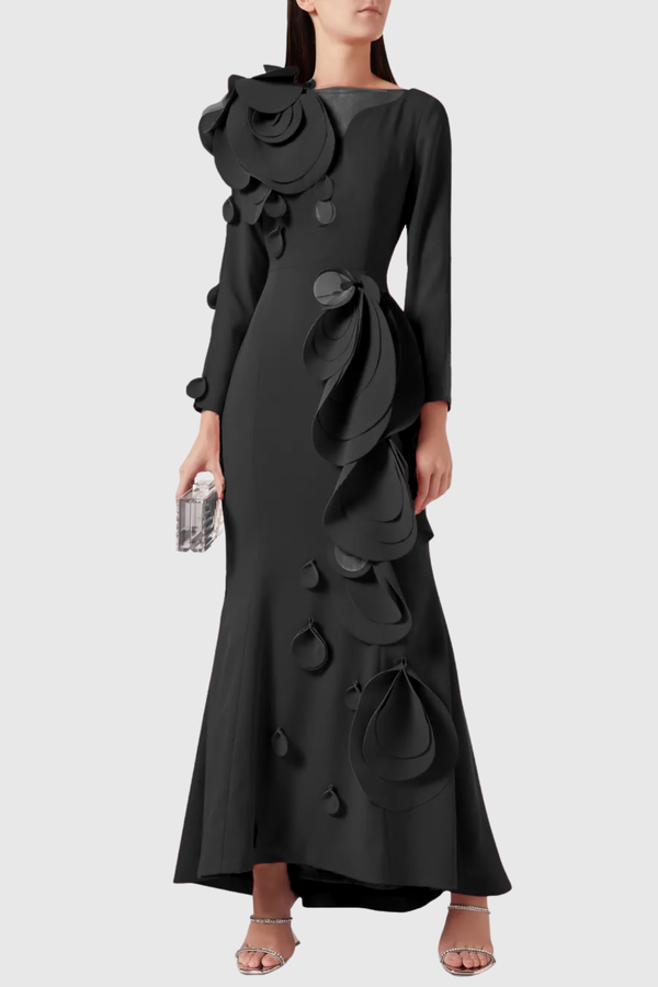 Elder Floral Petal Appliqué Embellished Maxi Dress - Black