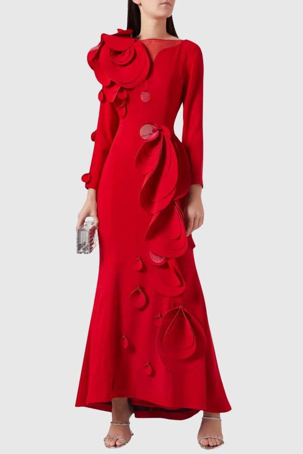 Elder Floral Petal Appliqué Embellished Maxi Dress - Red