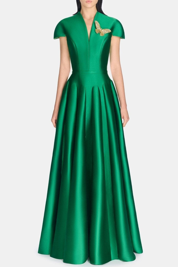 Elder Satin Flared Silhouette Maxi Dress - Green