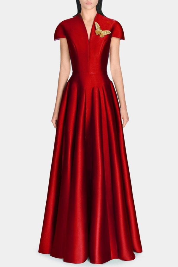 Elder Satin Flared Silhouette Maxi Dress - Red