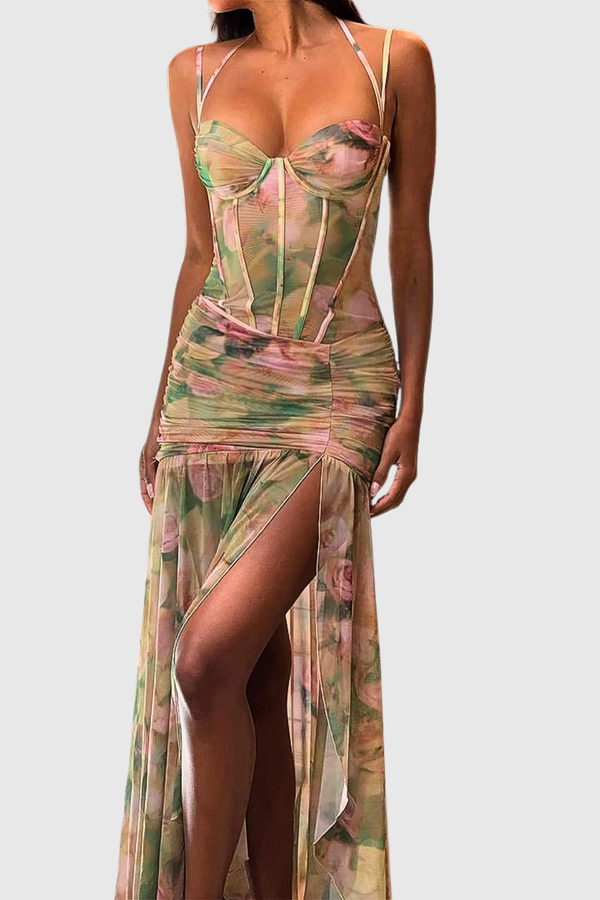 Emika Floral Print Corset Mesh Maxi Dress