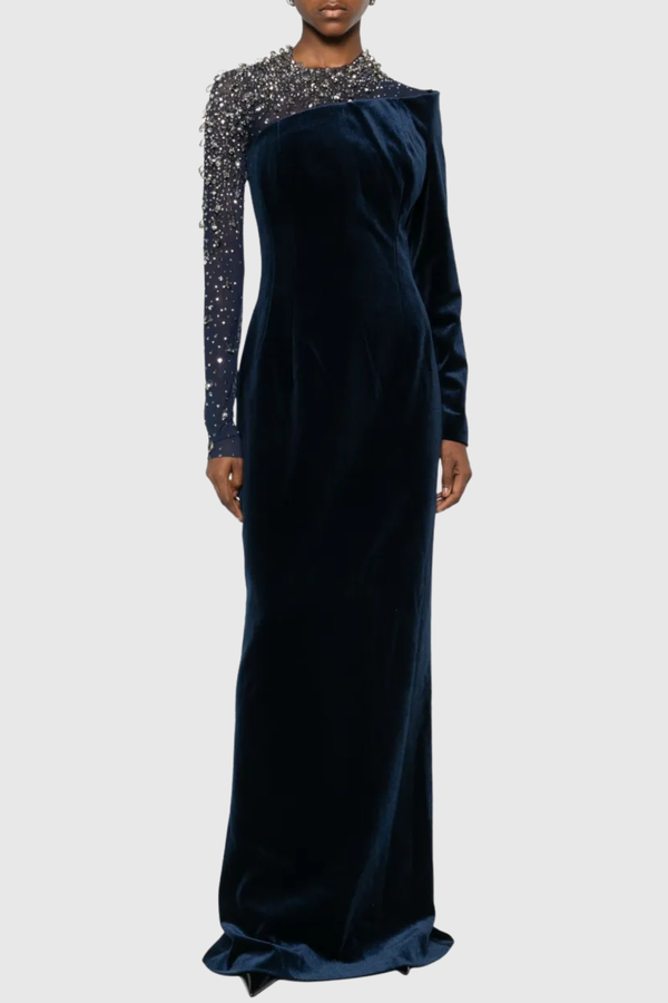 Emilio Crystal Embellished Asymmetric Velvet Maxi Dress