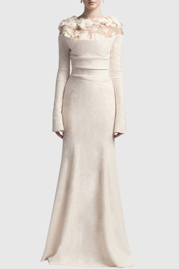 Estha Floral Embellished Draped Maxi Dress - Beige