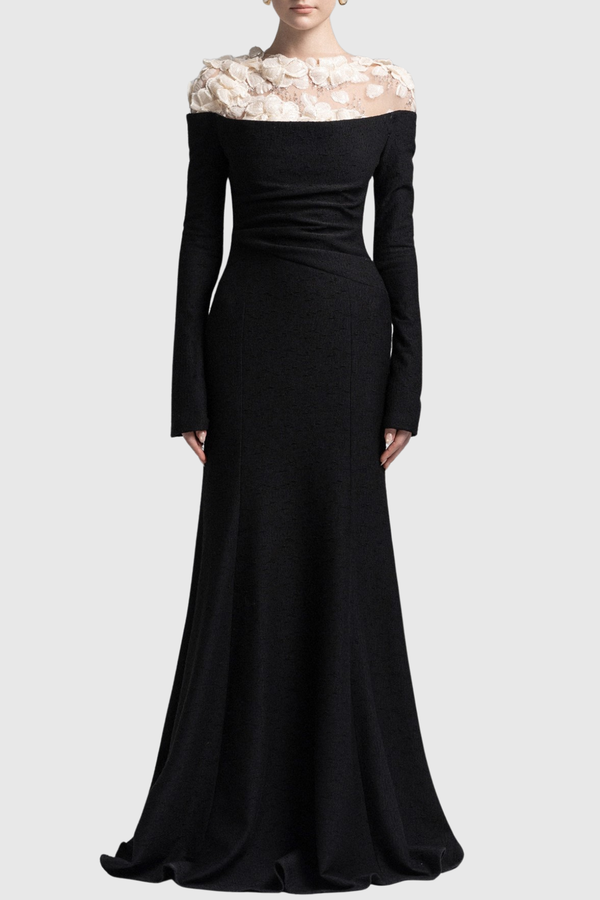 Estha Floral Embellished Draped Maxi Dress - Black