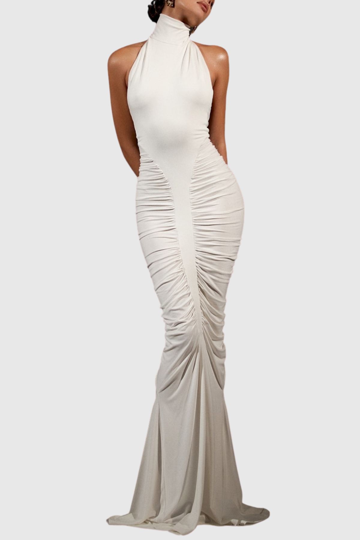 Evetta Halter Backless Ruched Maxi Dress