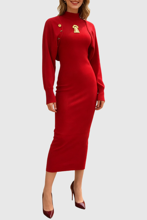 Ezrah Keyhole Sleeveless Knit Midi Dress & Cardigan Set - Red