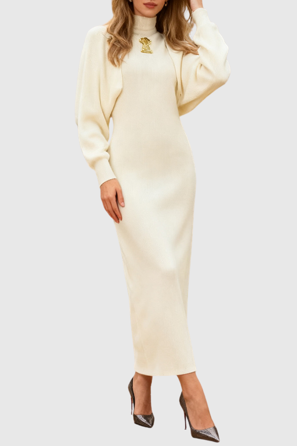 Ezrah Keyhole Sleeveless Knit Midi Dress & Cardigan Set - White