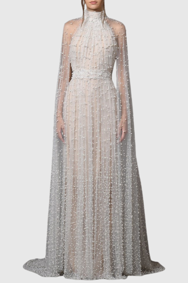 Falaia Pearl Embellished Tulle Cape Maxi Dress
