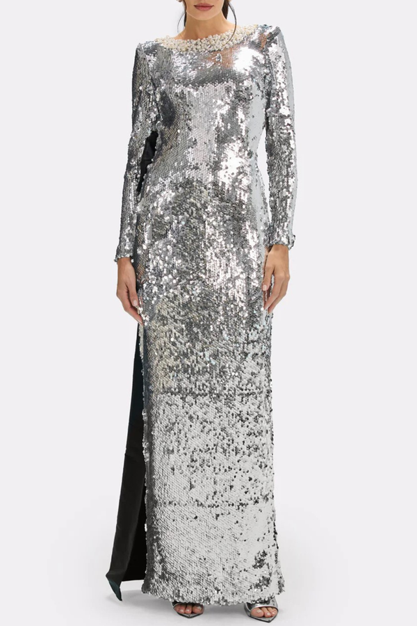 Fatima Sequin Pearl Embellished Bow Backless Maxi Dress