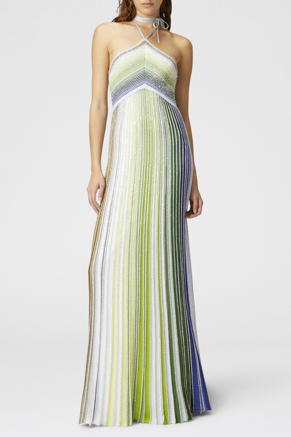 Fltya Halter Metallic Gradient Knit Maxi Dress - Green