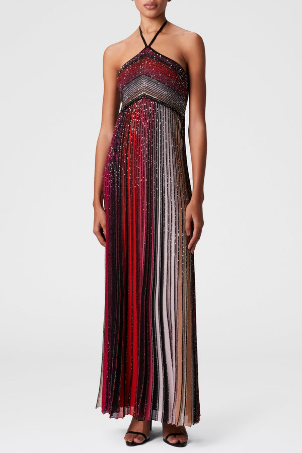 Fltya Halter Metallic Gradient Knit Maxi Dress - Red