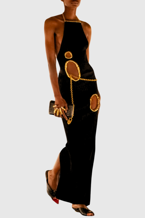 metal embellishment maxi dress Karen Millen Crystal Embellished Long Sleeve Woven Maxi Dress in Gun Metal