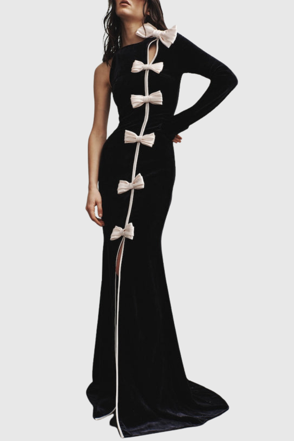 Genevia Bow One Shoulder Velvet Maxi Dress