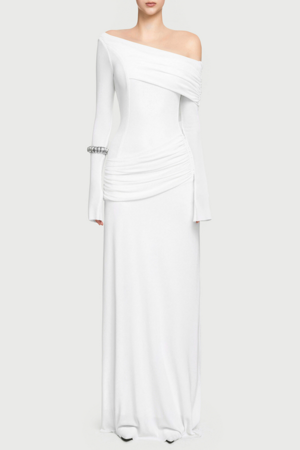 Gunnar Off Shoulder Asymmetric Ruched Maxi Dress - White