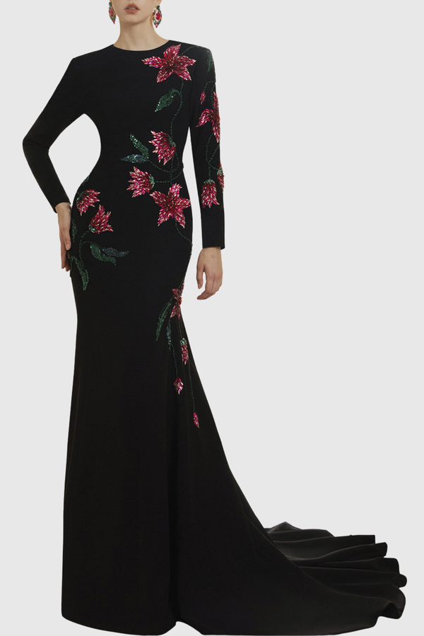 Hamza Floral Crystal Embroidered Mermaid Maxi Dress