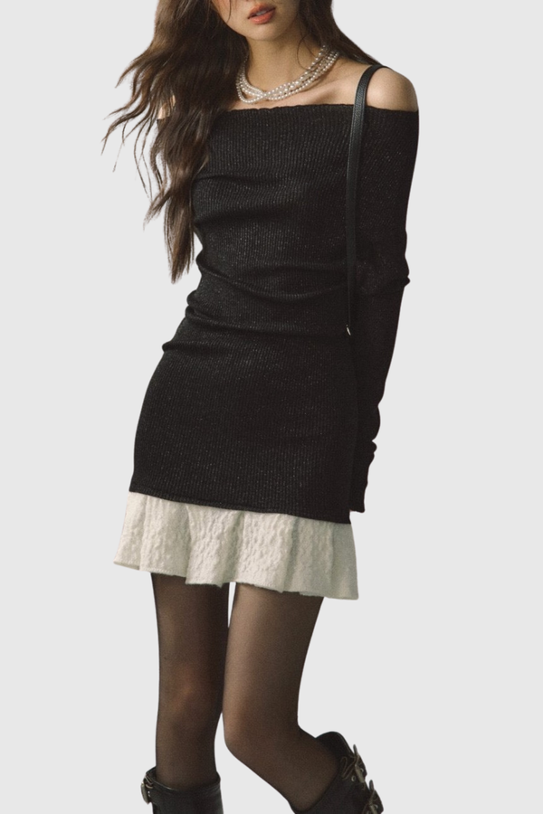 Henira Off Shoulder Knit Mini Dress - Black