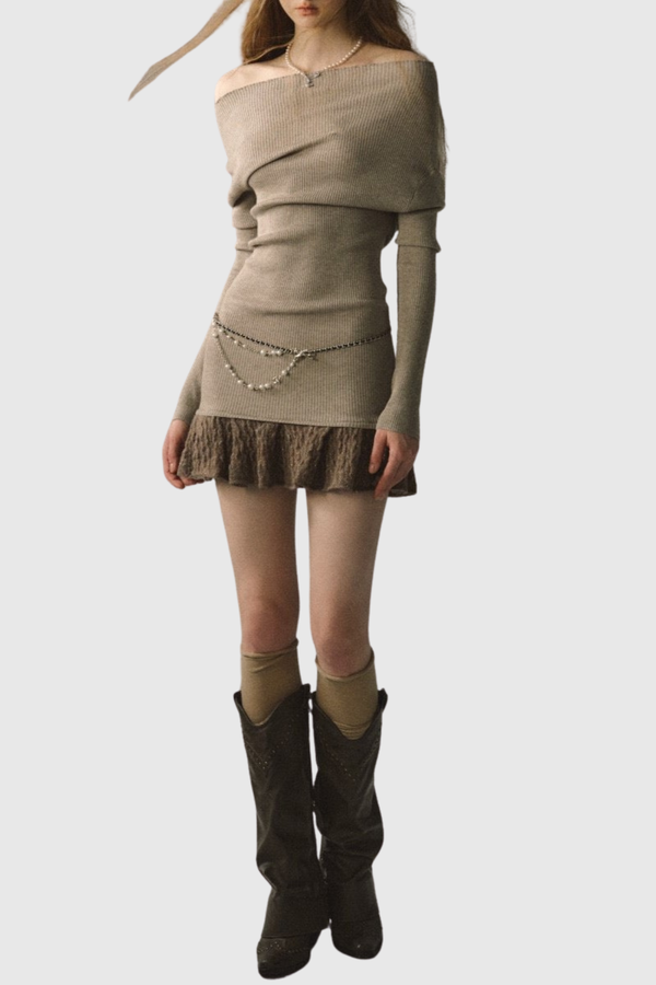 Henira Off Shoulder Knit Mini Dress - Khaki