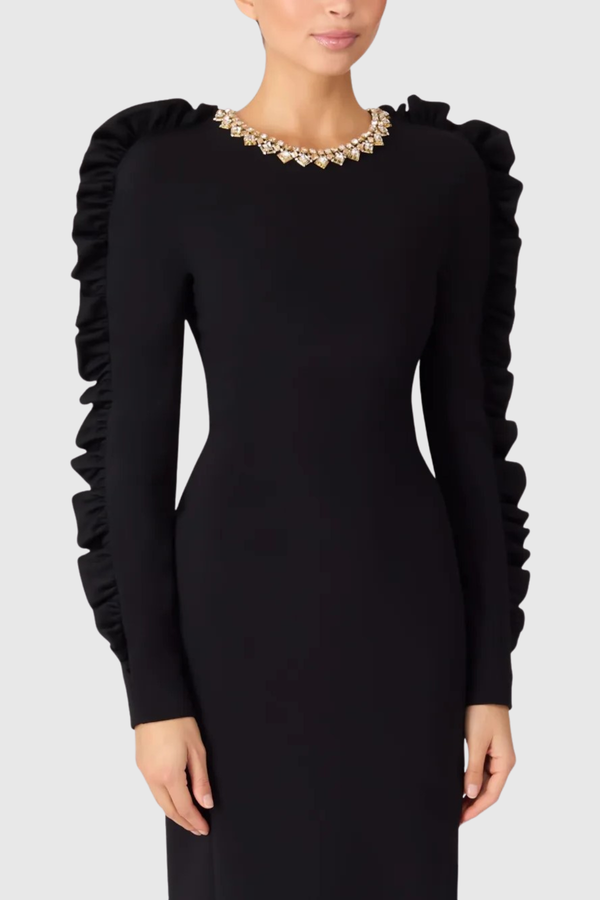 Hikar Diamante Collar Ruffle Sleeve Midi Dress