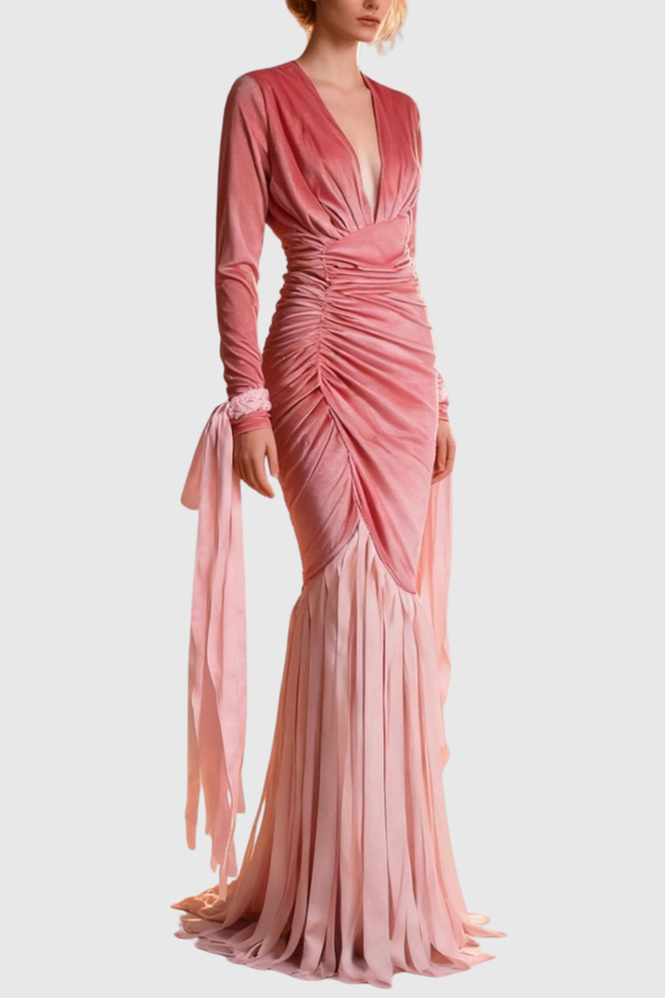 Hirst Velvet Ruched Fringed Maxi Dress