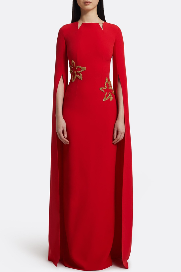 Ibena Floral Embroidered Cape Sleeve Maxi Dress