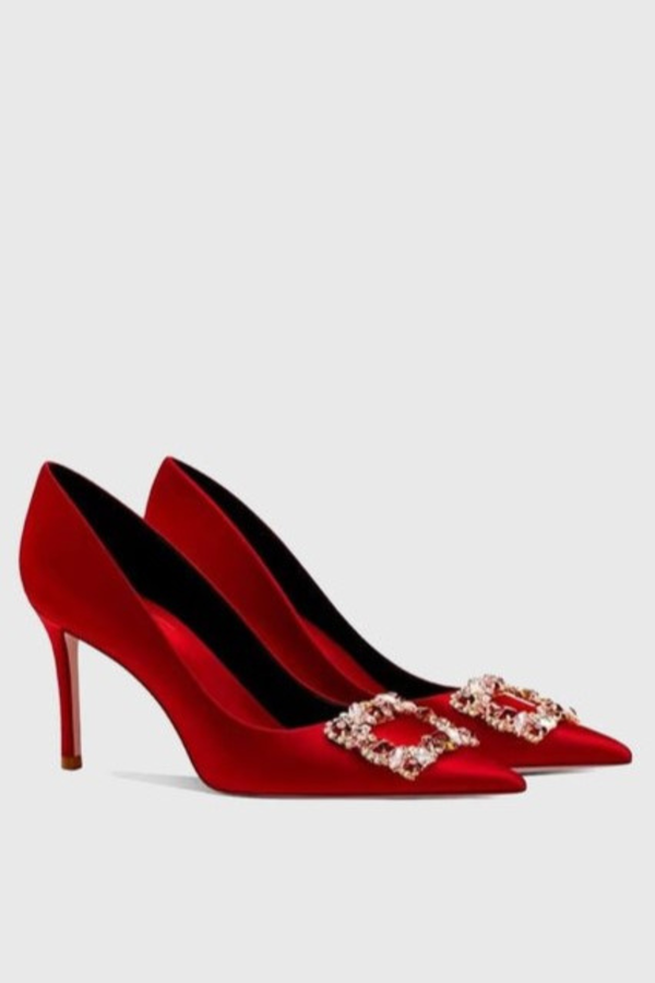 Jabez Rhinestone Buckle Satin Pumps - Red