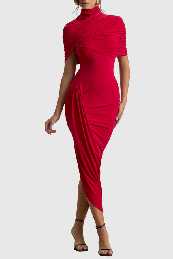 Jago Asymmetric Cape Ruched Midi Dress - Red