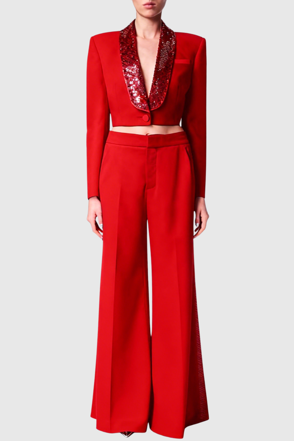 Jaime Cropped Crystal Embellished Blazer - Red