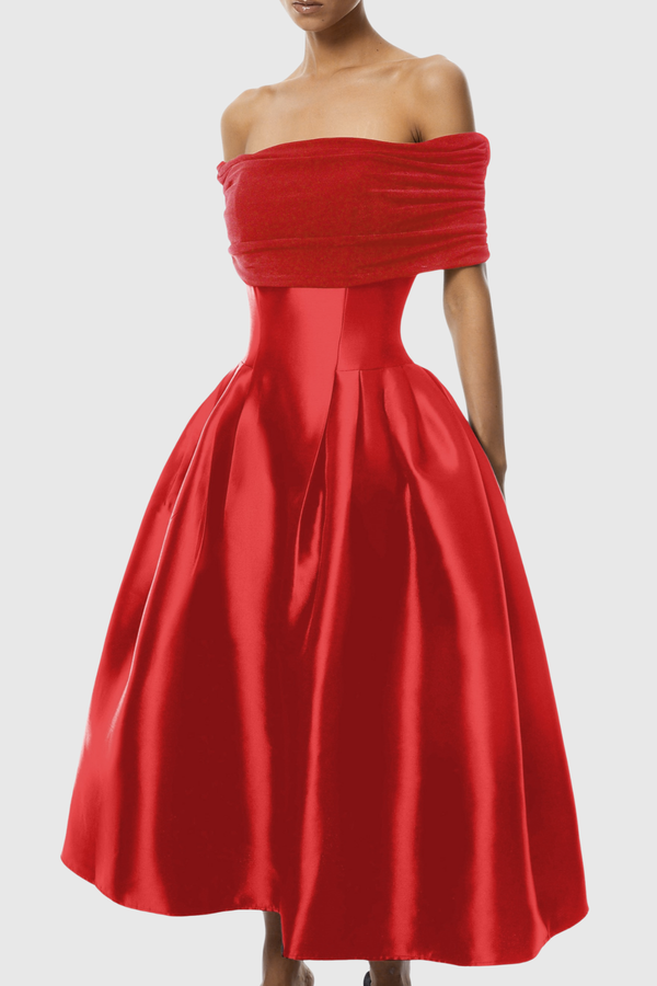 Jesiah Off Shoulder Puff Midi Dress - Red