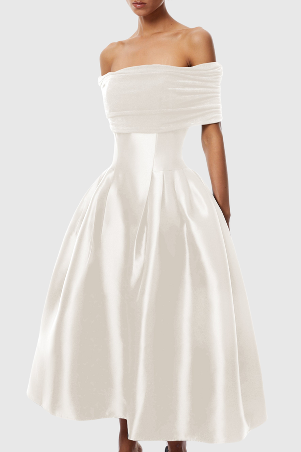 Jesiah Off Shoulder Puff Midi Dress - White