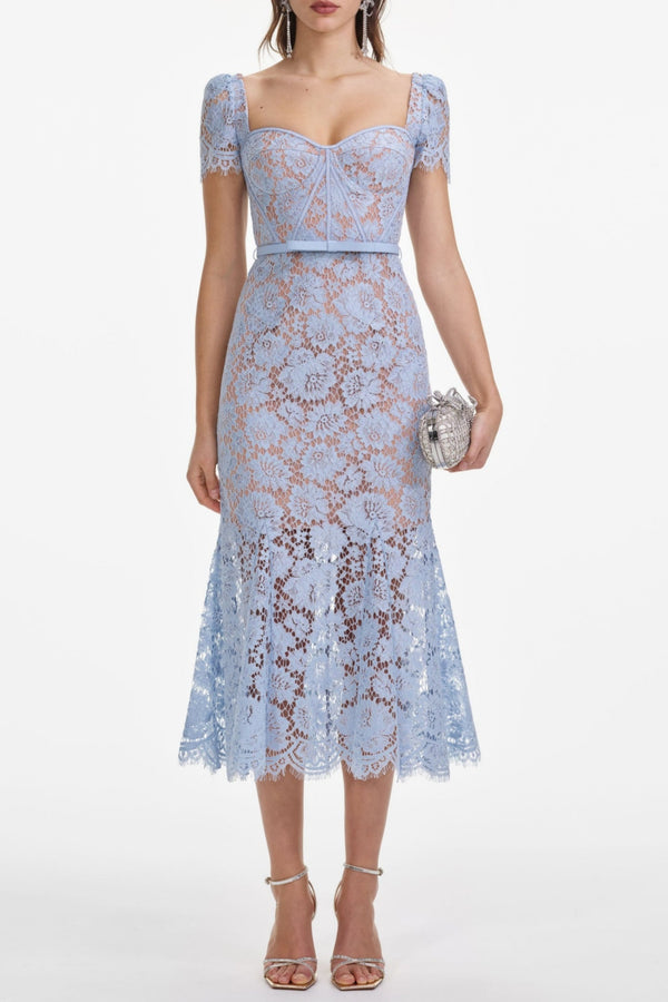 Josef Lace Bow Belted Midi Dress - Blue