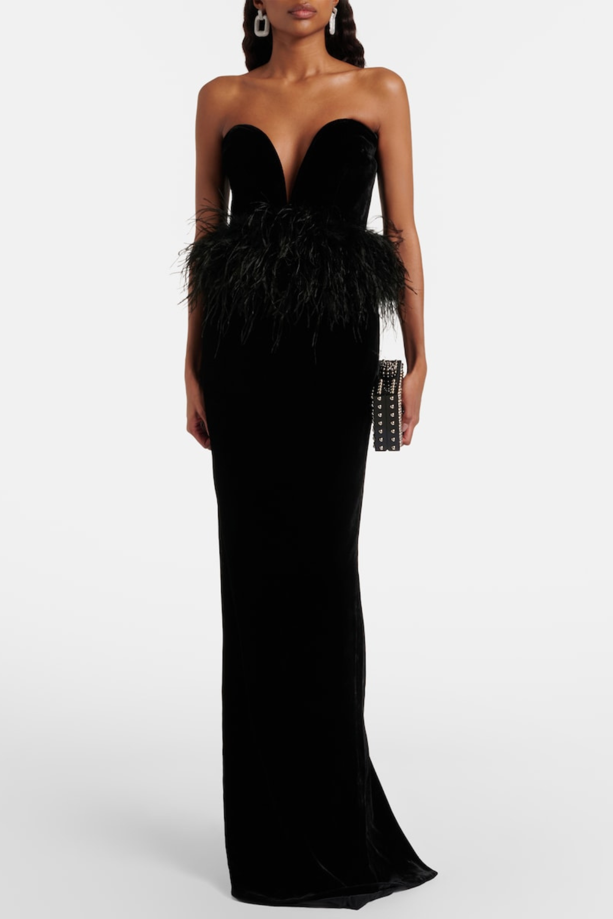 Jovana Strapless Feather Trim Velvet Maxi Dress – SeenSense