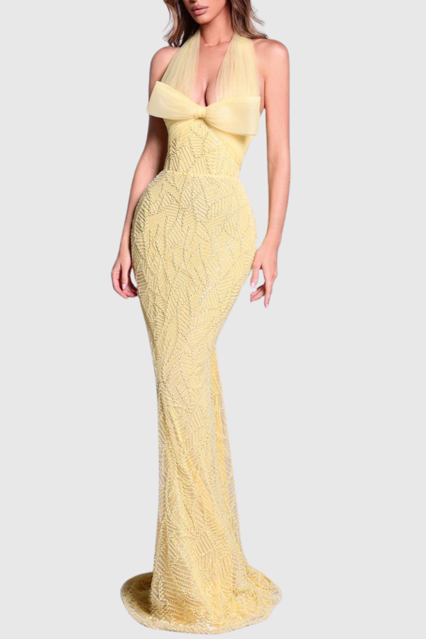 Juni Halter Bowknot Bead Embellished Maxi Dress