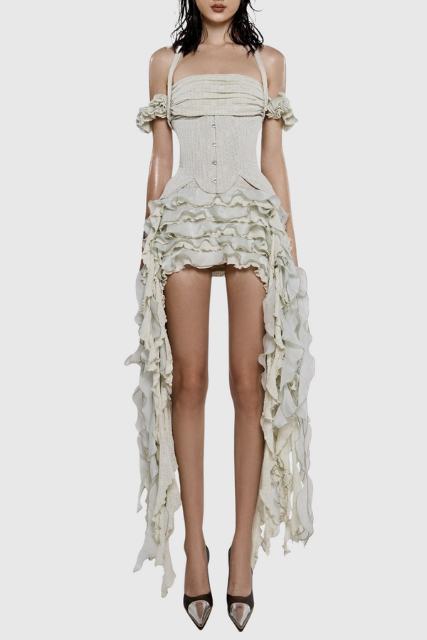Juricn Halter Corset Ruffle Fringe Mini Dress - Beige