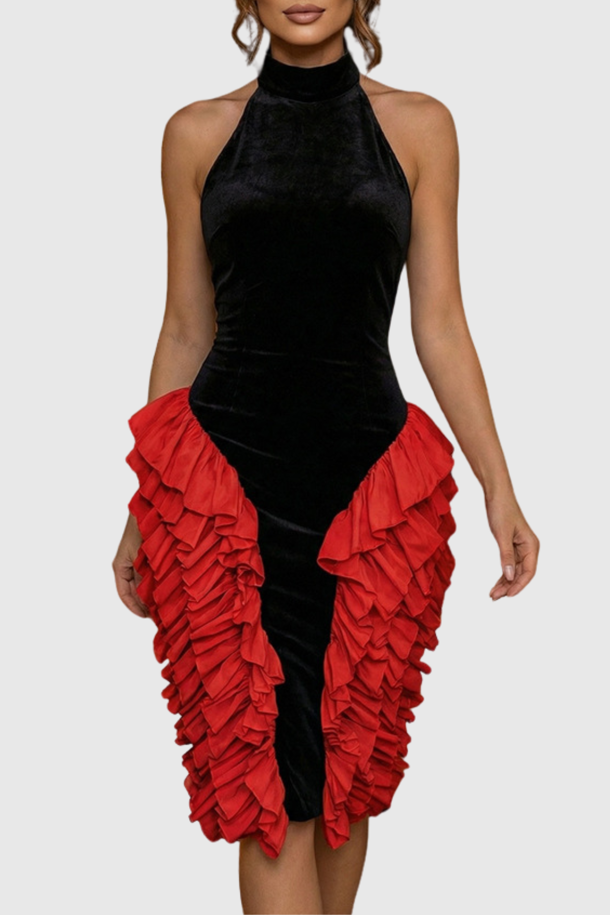 Kacea Halter Velvet Ruffle Midi Dress - Red – SeenSense