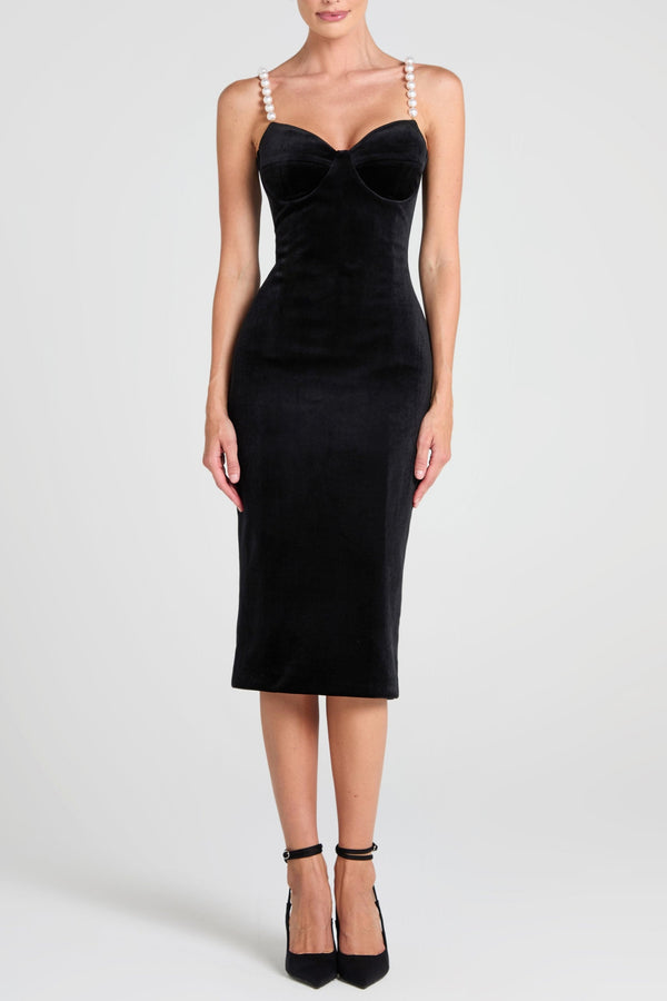Kadia Velvet Pearl Embellished Midi Dress