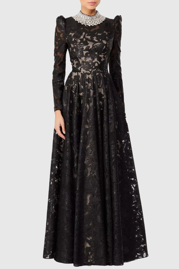 Kaize Crystal Embellished Floral Lace Maxi Dress