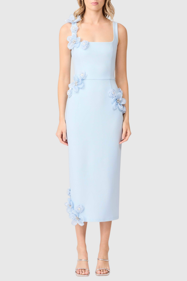 Kaprisha Floral Appliqué Embellished Midi Dress - Blue